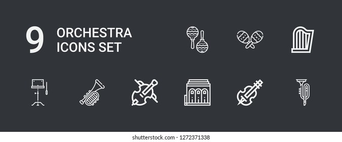 Editable 9 orchestra icons for web and mobile. Set of orchestra included icons line Trumpet, Violin, Philharmonic, Cello, Orchestra, Harp, Maracas, Maraca on dark background