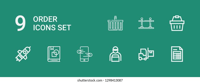Editable 9 order icons for web and mobile. Set of order included icons line Invoice, Delivery, Delivery man, Online store, Art book, Startup, Shopping basket on green background