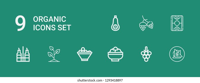 Editable 9 organic icons for web and mobile. Set of organic included icons line Vegan food, Grapes, Salad, Fruit bowl, Sprout, Vinegar, Field, Hop, Butternut squash on green background