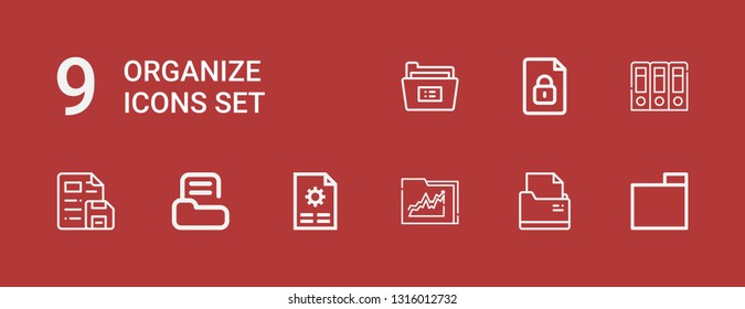 Editable 9 organize icons for web and mobile. Set of organize included icons line Folder, File, Archives on red background