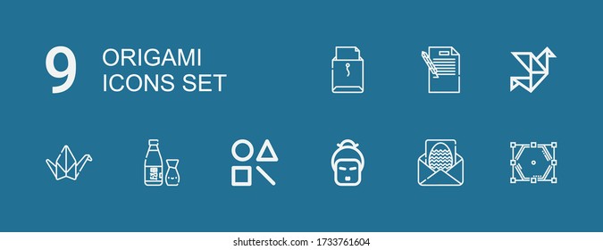 Editable 9 origami icons for web and mobile. Set of origami included icons line Polygon, Letter, Geisha, Shape, Sake, Origami on blue background