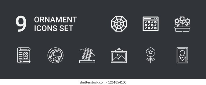 Editable 9 ornament icons for web and mobile. Set of ornament included icons line Frame, Flower, Pisa, Indian, Certificate, Flowers, Pattern, Pagan on dark background