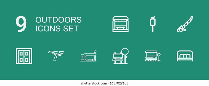 Editable 9 outdoors icons for web and mobile. Set of outdoors included icons line Bench, Bus stop, Saddle, Double door, Fishing rod, Marshmallow on green background