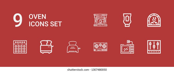 Editable 9 oven icons for web and mobile. Set of oven included icons line Mixer, Microwave, Stove, Toaster, Oven, Ketchup, Fireplace on red background