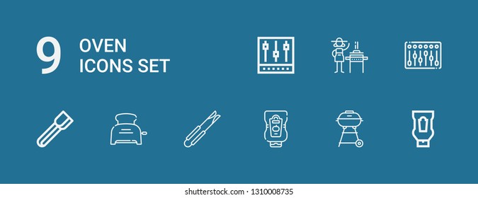 Editable 9 oven icons for web and mobile. Set of oven included icons line Ketchup, Barbecue grill, Tongs, Toaster, Mixer, Burner on blue background