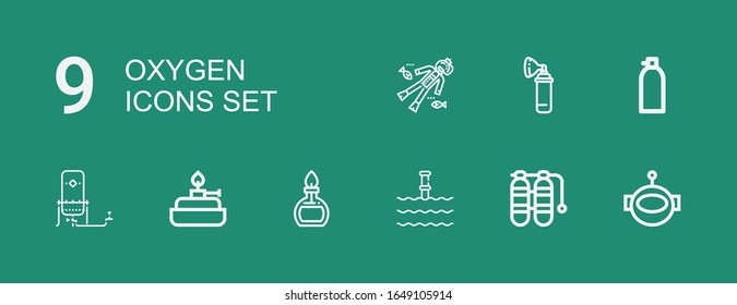 Editable 9 oxygen icons for web and mobile. Set of oxygen included icons line Aqualung, Oxygen tank, Underwater, Burner, Scuba diving on green background