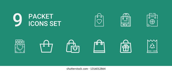 Editable 9 packet icons for web and mobile. Set of packet included icons line Paper bag, Bag, Shopping bag, Gift on green background