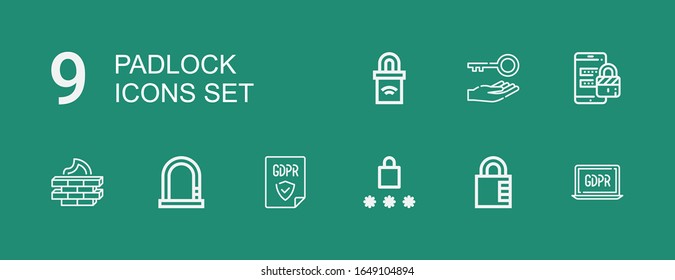 Editable 9 padlock icons for web and mobile. Set of padlock included icons line GDPR, Padlock, Password, Lock, Firewall, Security, Key on green background