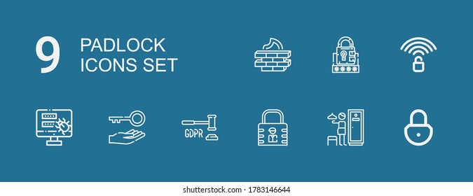 Editable 9 padlock icons for web and mobile. Set of padlock included icons line Padlock, Lockers, Lock, GDPR, Key, Password, Unlocked, Firewall on blue background