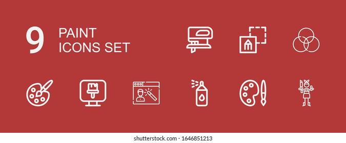 Editable 9 paint icons for web and mobile. Set of paint included icons line Paintball, Palette, Paint spray, Photoshop, brush, Painting palette, Rgb, Graphic design on red background