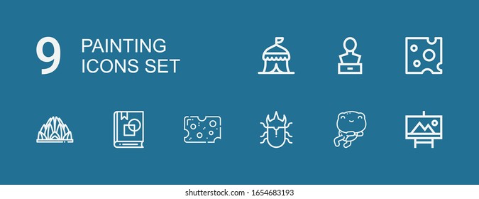 Editable 9 painting icons for web and mobile. Set of painting included icons line Painting, Frog, Beetle, Cheese, Art book, Lotus temple, Sculpture, Tent on blue background