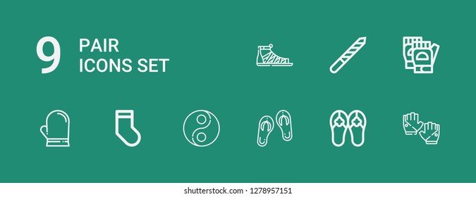 Editable 9 pair icons for web and mobile. Set of pair included icons line Gloves, Sandals, Yin yang, Socks, Glove, Nail file on green background