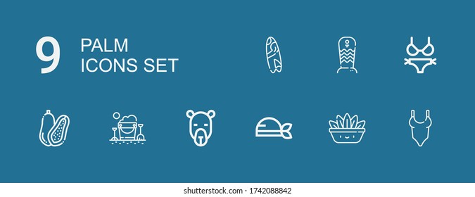Editable 9 palm icons for web and mobile. Set of palm included icons line Swimsuit, Fern, Pirate, Camel, Sand bucket, Coconut, Bikini, Surfboard on blue background