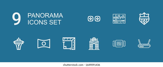 Editable 9 panorama icons for web and mobile. Set of panorama included icons line Vr, Rotating, India gate, Angle, Panorama, Space needle, Nantes, Cityscape on blue background