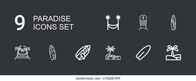 Editable 9 paradise icons for web and mobile. Set of paradise included icons line Oasis, Surfboard, Hammocks, Surf board, Hammock on dark background