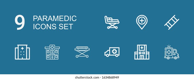 Editable 9 paramedic icons for web and mobile. Set of paramedic included icons line Ambulance, Hospital, Stretcher on blue background
