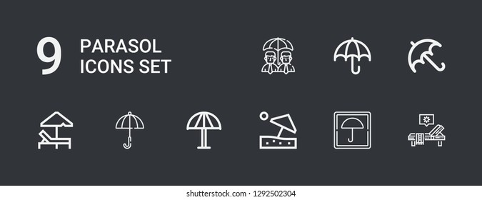 Editable 9 parasol icons for web and mobile. Set of parasol included icons line Sunbed, Umbrella, Beach umbrella on dark background