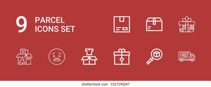 Editable 9 parcel icons for web and mobile. Set of parcel included icons line Delivery, Package, Gift, Surprised, Recycling box, Cardboard on red background