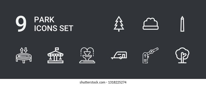 Editable 9 park icons for web and mobile. Set of park included icons line Tree, Parking, Caravan, Fountain, Carousel, Trampoline, National mall, Bush on dark background