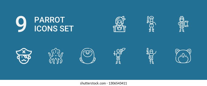 Editable 9 parrot icons for web and mobile. Set of parrot included icons line Hamster, Pirate, Macaw, Kraken on blue background