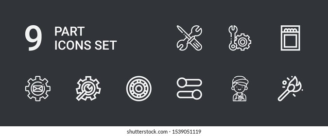 Editable 9 part icons for web and mobile. Set of part included icons line Matches, Mechanic, Settings, Wheel, Setting, Match on dark background