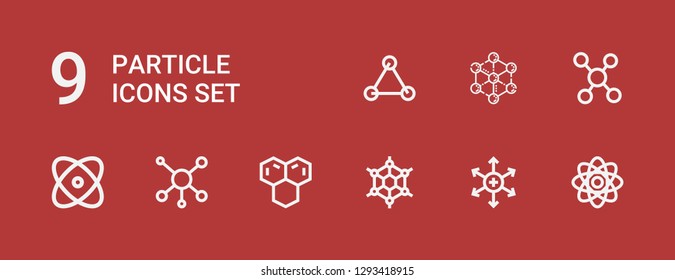 Editable 9 particle icons for web and mobile. Set of particle included icons line Atom, Positive ion, Graphene, Molecule, Physics, Molecules on red background