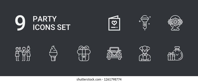 Editable 9 party icons for web and mobile. Set of party included icons line Gifts, Clown, Wedding car, Present, Ice cream, Toast, Flower basket, Karaoke, Invitation on dark background