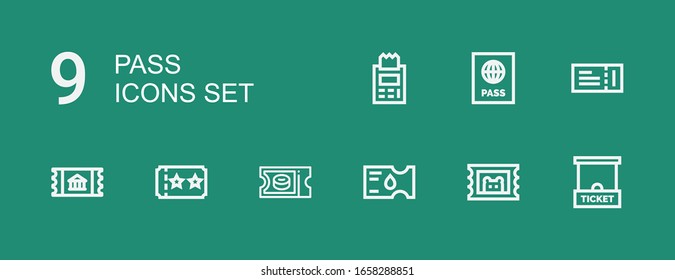 Editable 9 pass icons for web and mobile. Set of pass included icons line Ticket office, Ticket, Passport on green background