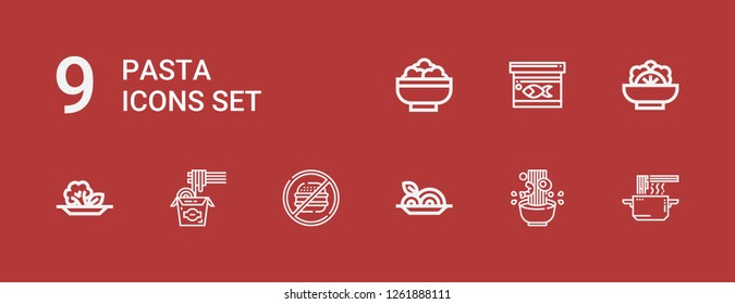 Editable 9 pasta icons for web and mobile. Set of pasta included icons line Noodles, Noodle, Spaghetti, Junk food, Salad, Fish food on red background