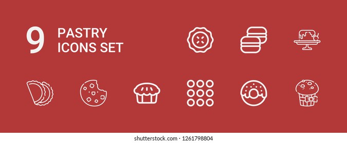 Editable 9 pastry icons for web and mobile. Set of pastry included icons line Muffin, Donut, Caramel, Pie, Cookie, Pastry, Cake, Macaron on red background