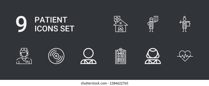 Editable 9 patient icons for web and mobile. Set of patient included icons line Heartbeat, Psychologist, Medical history, Record, Nurse, Doctor, Radiologist on dark background