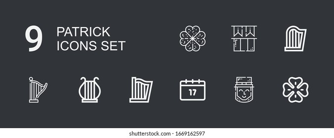 Editable 9 patrick icons for web and mobile. Set of patrick included icons line Clover, Leprechaun, Saint Patrick, Harp, Ireland on dark background