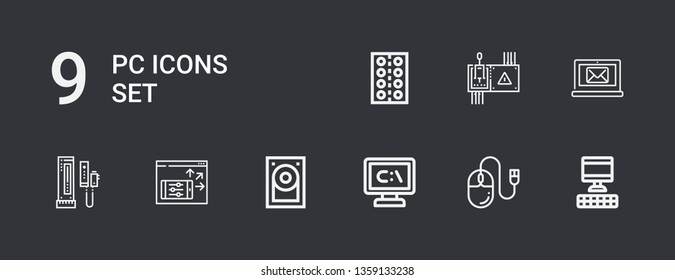 Editable 9 pc icons for web and mobile. Set of pc included icons line Computer, Mouse, Hard disk, Screen, Console, Controller, Tablet on dark background