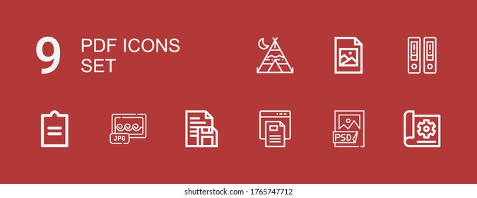 Editable 9 Pdf Icons For Web And Mobile. Set Of Pdf Included Icons Line Document, Psd File, Text File, Jpg, Documentation, Jpeg, Tipi On Red Background