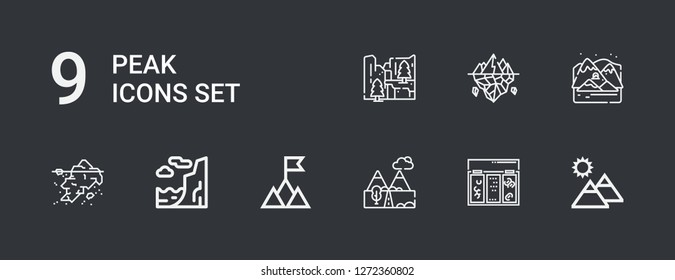 Editable 9 Peak Icons For Web And Mobile. Set Of Peak Included Icons Line Mountain, Topping, Mountains, Cliff, Iceberg, Arctic On Dark Background