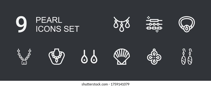 Editable 9 pearl icons for web and mobile. Set of pearl included icons line Earrings, Pendant, Shell, Necklace, Jewelry on dark background