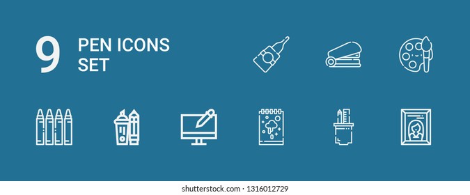 Editable 9 pen icons for web and mobile. Set of pen included icons line Painting, Pencil case, Sketchbook, Graphic design, Highlighter, Crayon, Paint, Staple on blue background