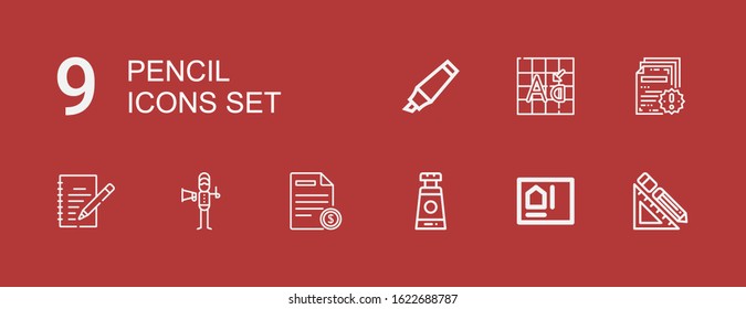 Editable 9 pencil icons for web and mobile. Set of pencil included icons line Design tools, Blueprint, Paint tube, File, Graphic designer, Writing, Font, Highlighter on red background