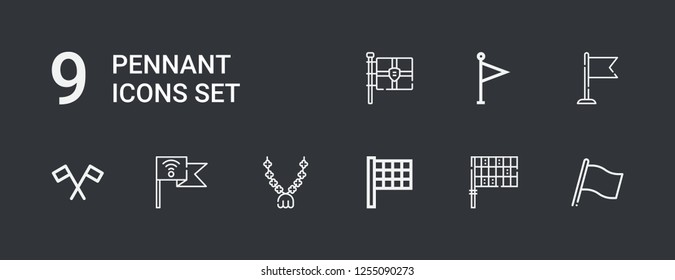Editable 9 pennant icons for web and mobile. Set of pennant included icons line Flag, Finish flag, Pendant on dark background