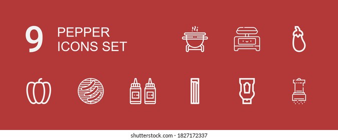 Editable 9 pepper icons for web and mobile. Set of pepper included icons line Salt, Ketchup, Churros, Condiment, Barbecue, Pepper, Aubergine, Shaker, Grill on red background