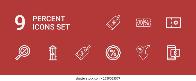 Editable 9 percent icons for web and mobile. Set of percent included icons line Discount, Free fall, Percentage, Coupon on red background