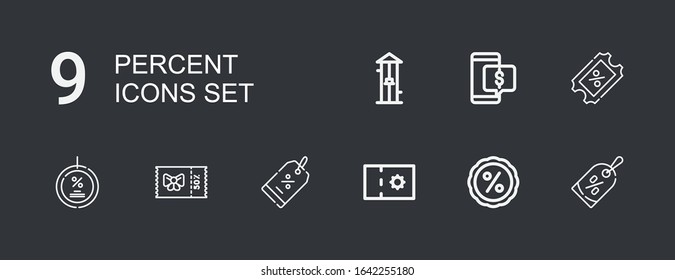 Editable 9 percent icons for web and mobile. Set of percent included icons line Discount, Coupon, Free fall on dark background