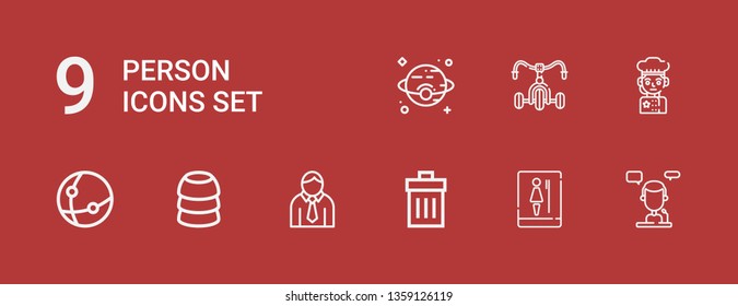 Editable 9 person icons for web and mobile. Set of person included icons line Talk, Toilet, Trash, Avatar, Training, Network, Chef, Bicycle, Venus on red background