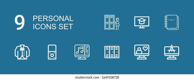 Editable 9 personal icons for web and mobile. Set of personal included icons line Computer, Lockers, Recorder, Vest, Notebook on blue background
