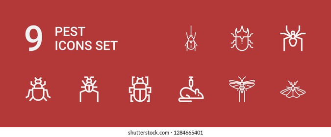 Editable 9 pest icons for web and mobile. Set of pest included icons line Moth, Locust, Rat, Fleas, Parasite, Insect, Spider, Beetle on red background