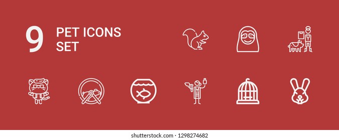 Editable 9 pet icons for web and mobile. Set of pet included icons line Rabbit, Bird cage, Veterinarian, Fish bowl, Hamster ball, Kitty, Sloth, Squirrel on red background