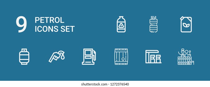 Editable 9 petrol icons for web and mobile. Set of petrol included icons line Barrel, Gas station, Gasoline station, Gas, Fuel, Oil on blue background