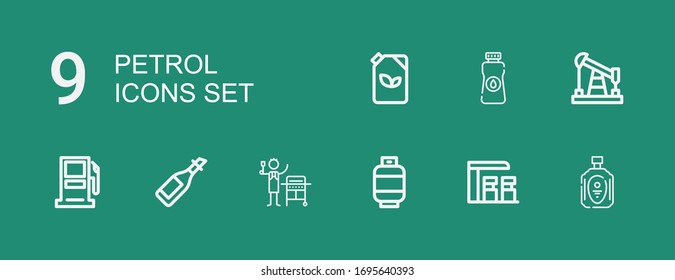 Editable 9 petrol icons for web and mobile. Set of petrol included icons line Oil, Gas station, Gas, Gasoline station, Fuel on green background