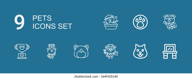 Editable 9 iconos de mascotas para web y móvil. Conjunto de mascotas incluidas línea de iconos Vanity, Dog, Hamster, Pet, Animal sobre fondo azul