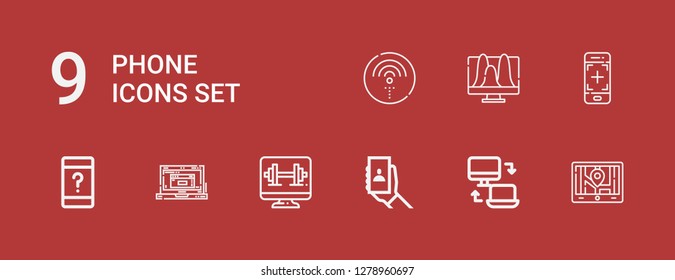 Editable 9 phone icons for web and mobile. Set of phone included icons line Gps, Responsive, Selfie, Computer, Laptop, Customer service, Smartphone, Analytics on red background